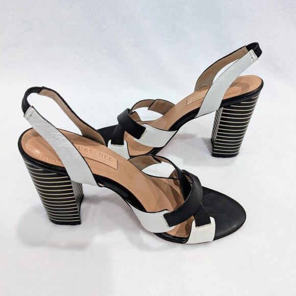 L'AGENCE Contrast Striped Heel Sandals 7.5 Black White Criss Cross Straps - Picture 4 of 12
